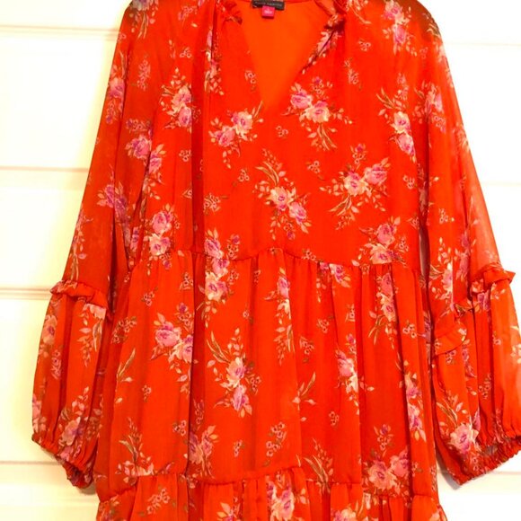 NWT VINCE CAMUTO 3-Tier Chiffon Balloon Sleeve Baby-doll Mini Dress Orange S - Picture 5 of 8
